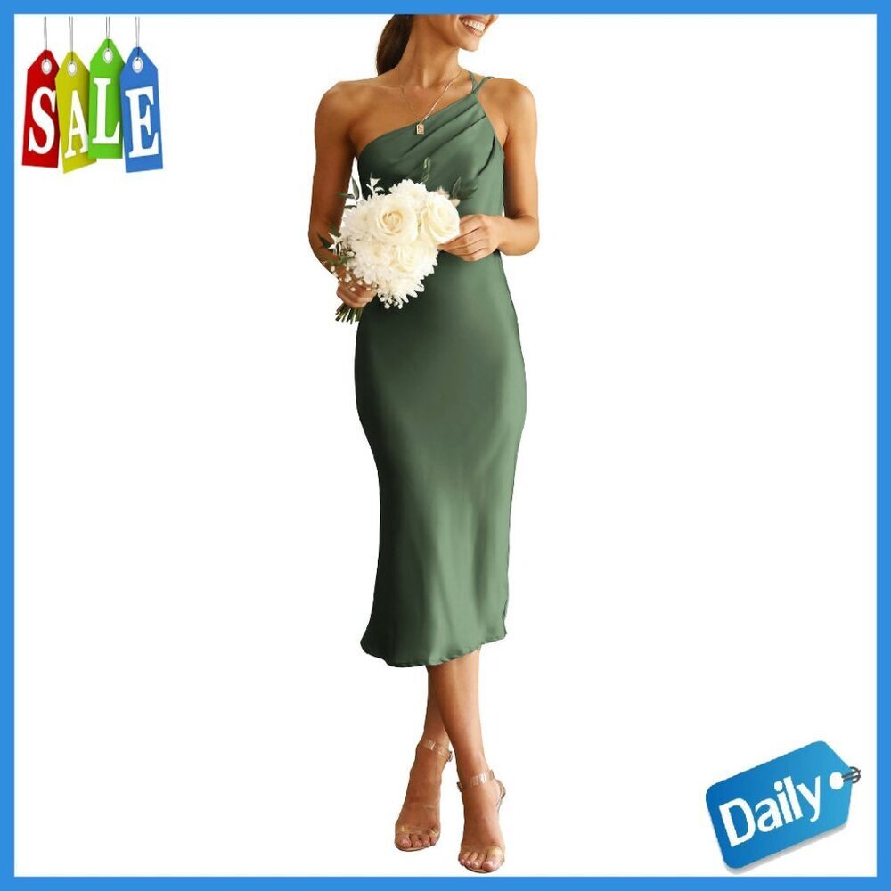 One Shoulder Satin Midi Dress Backless Bodycon Formal Summer